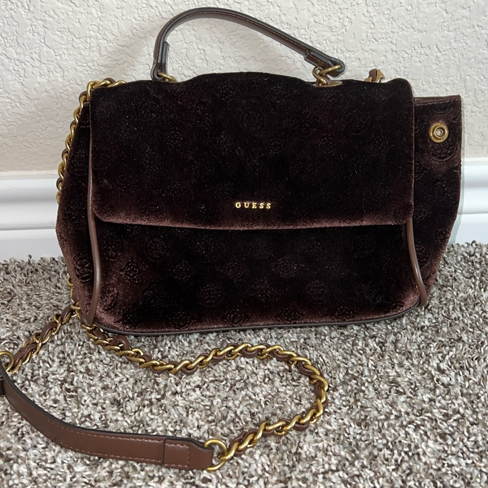 Guess Brown Velvet Shoulder Bag